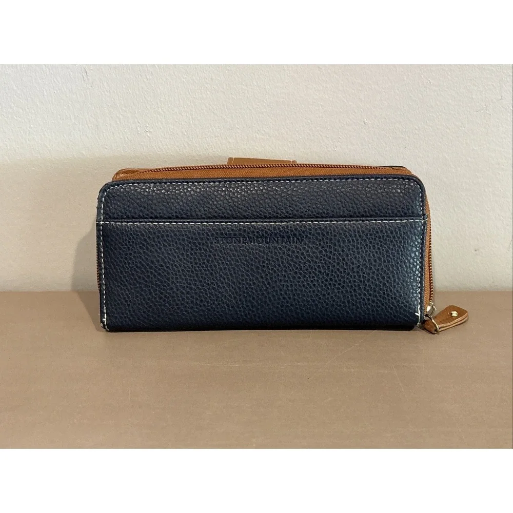 Stone Mountain Women's Navy Blue  Embossed Zip Around Wallet Brown Trim
